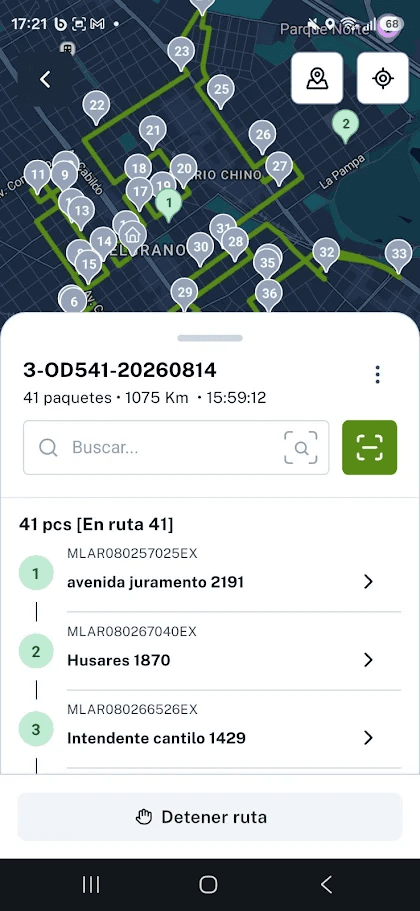 App del cartero Go! mostrando la ruta activa